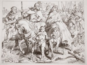 Hereward bewacht Alftruda an einen sicheren Ort, Illustration aus Hereward the Great von Charles Kingsley, veröffentlicht 1870, graviert von C.G. Lewis
