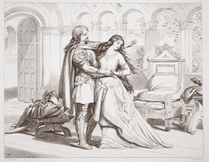 Herewards erstes Treffen mit Torfrida, Illustration aus Hereward the Great von Charles Kingsley, veröffentlicht 1870, graviert von C.G. Lewis (Stahlstich)