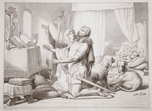 Wie Torfrida Hereward das Beten lehrt, Illustration aus Hereward the Great von Charles Kingsley, graviert von C.G. Lewis von Henry Courtney Selous
