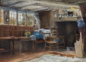 Innenansicht von Anne Hathaways Cottage, mit Katze