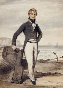 Porträt von Edward Pocock R.N., kleine Ganzfigur, stehend neben einem gestrandeten Ruderboot bei Ebbe