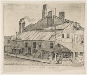 Altes Haus, Ecke Peck Slip und Water Street, aus "Szenen des alten New York" von Henry Farrer