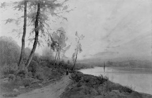 Frau, die an einem Fluss entlanggeht von Henry Farrer