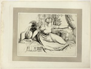 Eine Frau, die am Fenster sitzt („Abend, du bringst alles“), aus der ersten Ausgabe von Specimens of Polyautography von Johann Heinrich Füssli