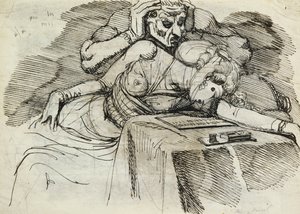 Eine Frau, die an einem Schreibtisch ohnmächtig wird, mit einer drohenden Gestalt dahinter