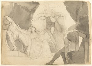 Unterstützt von Eeriboia, trägt Hermes den erschöpften Ares von den schlafenden Söhnen des Aloeus weg (recto); Skizze eines der schlafenden Söhne des Aloeus (verso) von Johann Heinrich Füssli