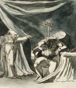 Eine alte Frau mit Rosenkranz verflucht einen sitzenden Mann; möglicherweise Königin Margarete, die den Herzog von Gloucester verflucht von Johann Heinrich Füssli