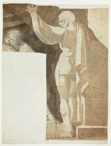 Männliche Figur mit erhobenem linken Arm von hinten gesehen und Fragment eines alten Mannes