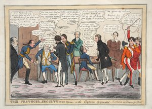Die Protokoll-Gesellschaft in Aufruhr oder die Konferenzteilnehmer verwirrt. Eine Skizze in der Downing Street, veröffentlicht 1831 (handkolorierte Gravur)