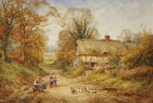 Kinder füttern Enten neben einem Cottage in einem bewaldeten Weg von Henry John Sylvester Stannard