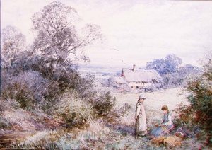 Zwei junge Mädchen, die auf einer Wiese spielen von Henry John Sylvester Stannard