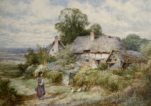 Junges Mädchen füttert Hühner vor einem Cottage von Henry John Sylvester Stannard