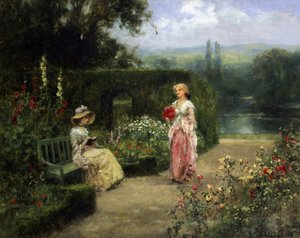 Junge Frauen in einem Garten auf dem englischen Land