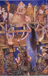 Elizabeth wird von der Dame der schwimmenden Insel willkommen geheißen, Illustration aus Kenilworth, ca. 1910 von Henry Justice Ford
