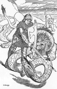 Percival kämpft gegen die Schlange (Illustration von HJ Ford aus „Das Buch der Romantik“ 1902) von Henry Justice Ford