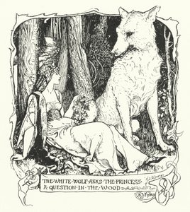 Der weiße Wolf stellt der Prinzessin eine Frage im Wald von Henry Justice Ford