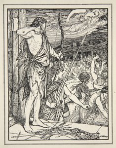 Odysseus schießt den ersten Pfeil auf die Freier, aus 