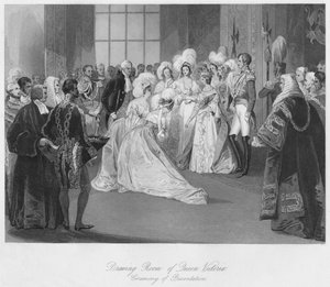 Salon von Königin Victoria. Zeremonie der Präsentation, um 1841