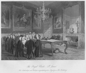 Der königliche Schrank. - St. James. Die Erzbischöfe und Bischöfe gratulieren Ihrer Majestät zu ihrem Geburtstag von Henry Melville