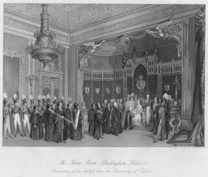 Der Thronsaal, Buckingham Palace. Präsentation einer Adresse der Universität Oxford, ca. 184