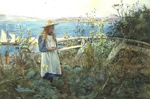 Ein Mädchen in einem Garten am Meer von Henry Meynell Rheam