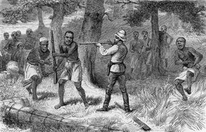 Einheimische rebellieren entlang des Gombe-Flusses, Tansania, Kupferstich aus Wie ich Livingstone fand: Reisen, Abenteuer und Entdeckungen in Zentralafrika, von Henry Morton Stanley, Sampson Low, Marston, Low und Searle Ausgabe, London von Henry Morton Stanley