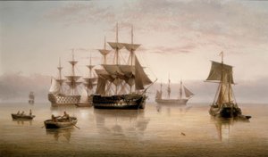 Kriegsschiffe und andere Schiffe in ruhigem Wasser von Henry Redmore