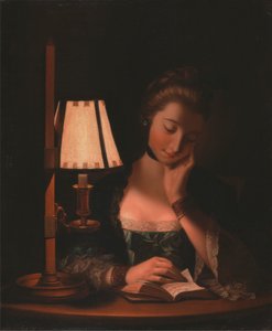 Frau liest bei einem Papierlampenschirm von Henry Robert Morland