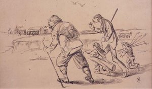 Golfer auf dem Weg zum Üben am Strand, Illustration aus dem 
