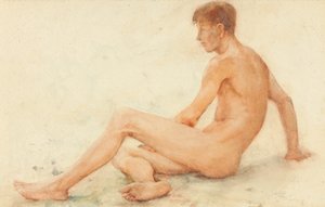 Studie eines sitzenden männlichen Aktes, der sich nach rechts dreht