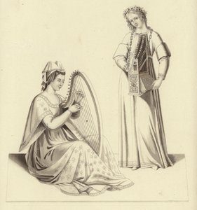 Damen spielen Harfe und Orgel, Anfang des 14. Jahrhunderts