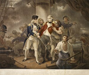 Kapitän Trollope in der Glatton mit 54 Carronaden im Gefecht mit einem französischen Geschwader von 8 Kriegsschiffen mit 230 Kanonen, graviert von James Daniell, 1797
