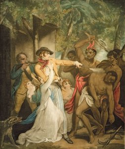 Die von Wilden angegriffene Siedlerfamilie, graviert von George Keating (1762-1842) von Henry Singleton