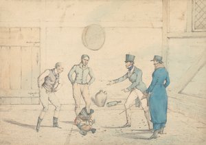 Ein von vier Männern in einem Nebengebäude beobachteter Hahnenkampf: Der Kampf, gestochen als Tafel 39 in "The National Sports of Great Britain" von Henry Thomas Alken