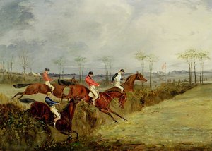 Ein Hindernisrennen, Überqueren einer Hecke und eines Grabens von Henry Thomas Alken