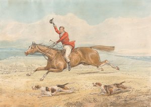 Ein Peitschenführer und ein Paar Hunde laufen schnell im offenen Land von Henry Thomas Alken
