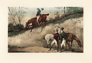 Englischer Gentleman zu Pferd, der einen Sprung von einem steilen Abhang macht von Henry Thomas Alken