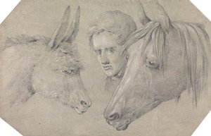 Kopf eines Stallburschen, der zwischen den Köpfen eines Pferdes zu seiner Linken und eines Esels zu seiner Rechten hindurchblickt von Henry Thomas Alken