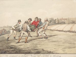 „Geeignete Pferde und ungeeignete Reiter: Triumphale Heimkehr. Er verschmähte ein träges, bequemes Leben und ging daher auf die Jagd“ von Henry Thomas Alken