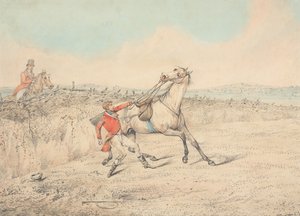 Reiter, der sich nach einem Sturz an einem grauen Pferd festhält von Henry Thomas Alken