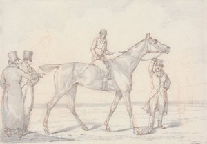 „Schnipsel“, Nr. 15: Rennpferd mit Jockey im Sattel, zwei Männer besprechen das Pferd von Henry Thomas Alken