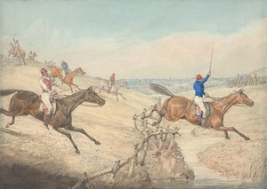Hindernisrennen: Das Feld überwindet eine niedrige Barriere und einen Bach von Henry Thomas Alken