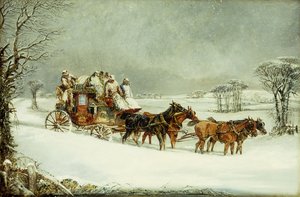 Die königliche Postkutsche von York nach London auf offener Straße im Winter von Henry Thomas Alken