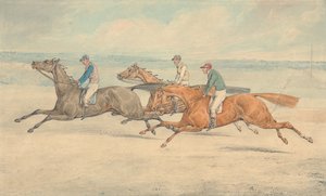 Drei Rennpferde mit Jockeys galoppieren in einer Gruppe nach links von Henry Thomas Alken