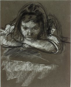 Kopf und Schultern eines Mädchens an einem Tisch von Henry Tonks