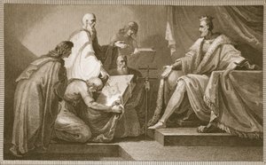Domesday Book präsentiert an Wilhelm I., graviert von J. Fittler, Illustration aus David Humes 
