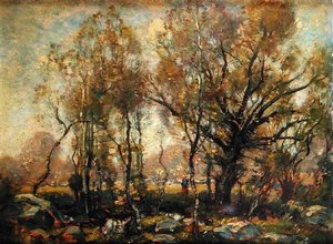 Figur in einer bewaldeten Landschaft