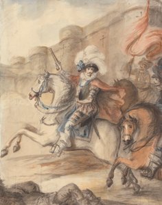 Ein Kavallerieoffizier (Heinrich IV.) führt einen Angriff vor einer Burg an von Henry William Bunbury