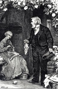 Gravur, die eine Frau beim Stricken darstellt von Henry Woods