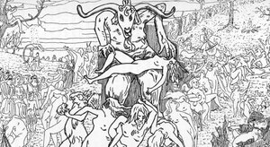 Darstellung einer Sabbatszene, die von Hexen unter dem Vorsitz von Satan versammelt wird und zu Orgien führt. Zeichnung von Henry de Malvost aus „Satanismus und Magie“ von Jules Bois 1895. Private Sammlung